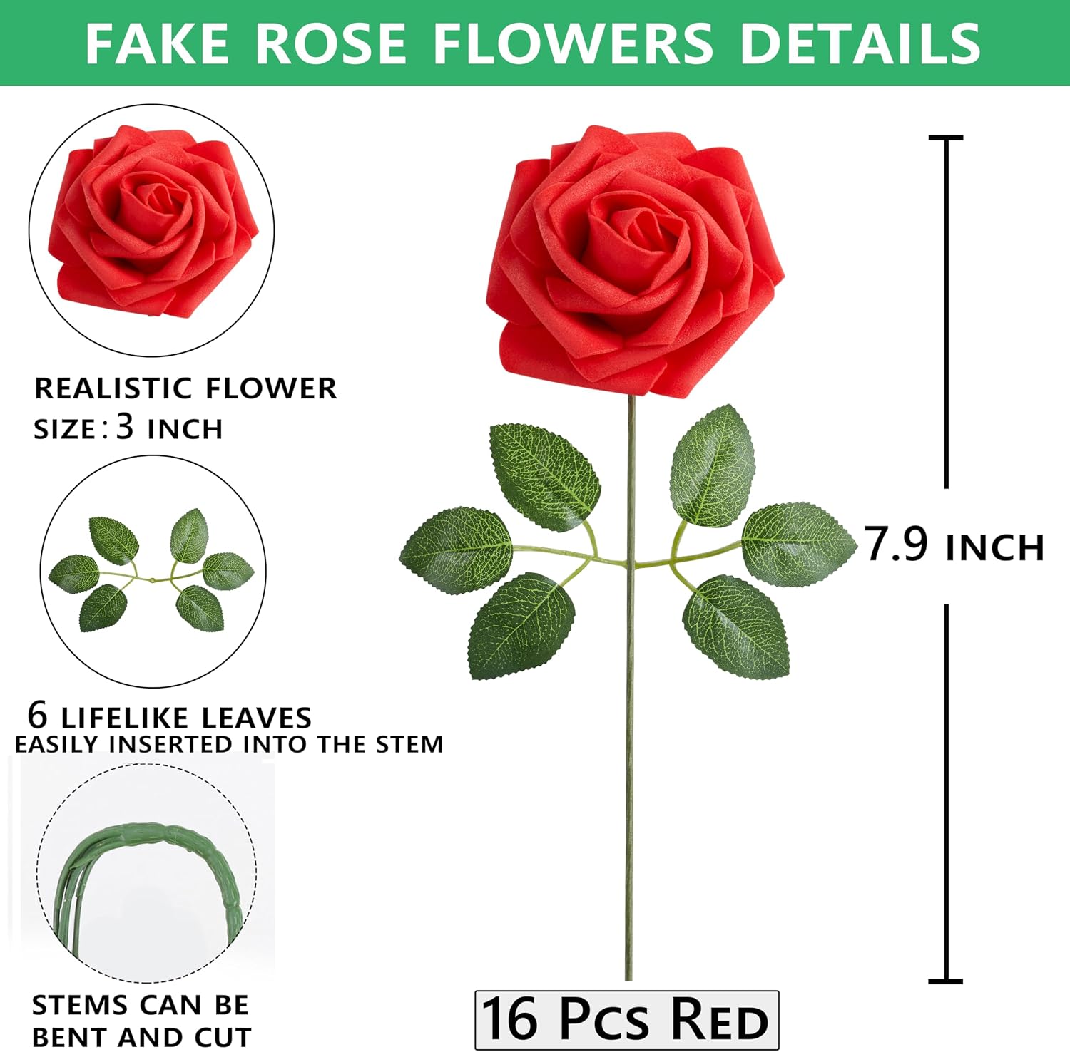 Thumbnail 4 de XIANNVXI Red Roses Artificial Flowers with Stems – 16-Piece Set for Weddings and Events