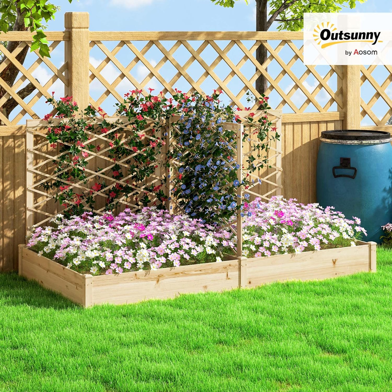 Thumbnail 1 de Outsunny Jardinière surélevée avec 3 treillis modulables et 2 bacs à planter, bois naturel verni (222 x 114 x 109 cm)