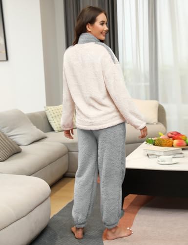 Detalle 2 de TOMEEK Damen Schlafanzug Set Winter Kuscheliger Polar Fleece – 3-teilig, Grau, Größe M