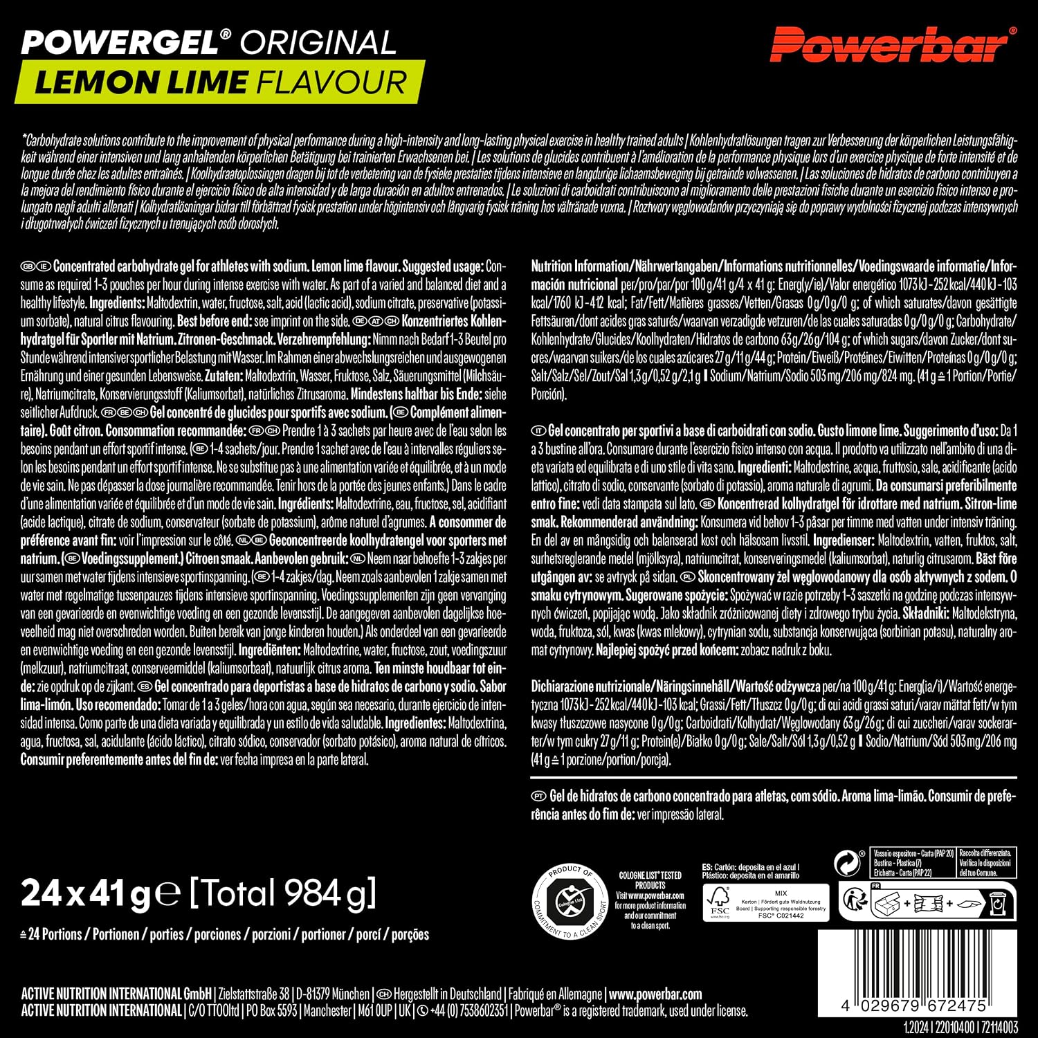 Detalle de Powerbar PowerGel Lemon Lime (24x41g) – Energie & Ausdauer für Kraft- und Ausdauersport