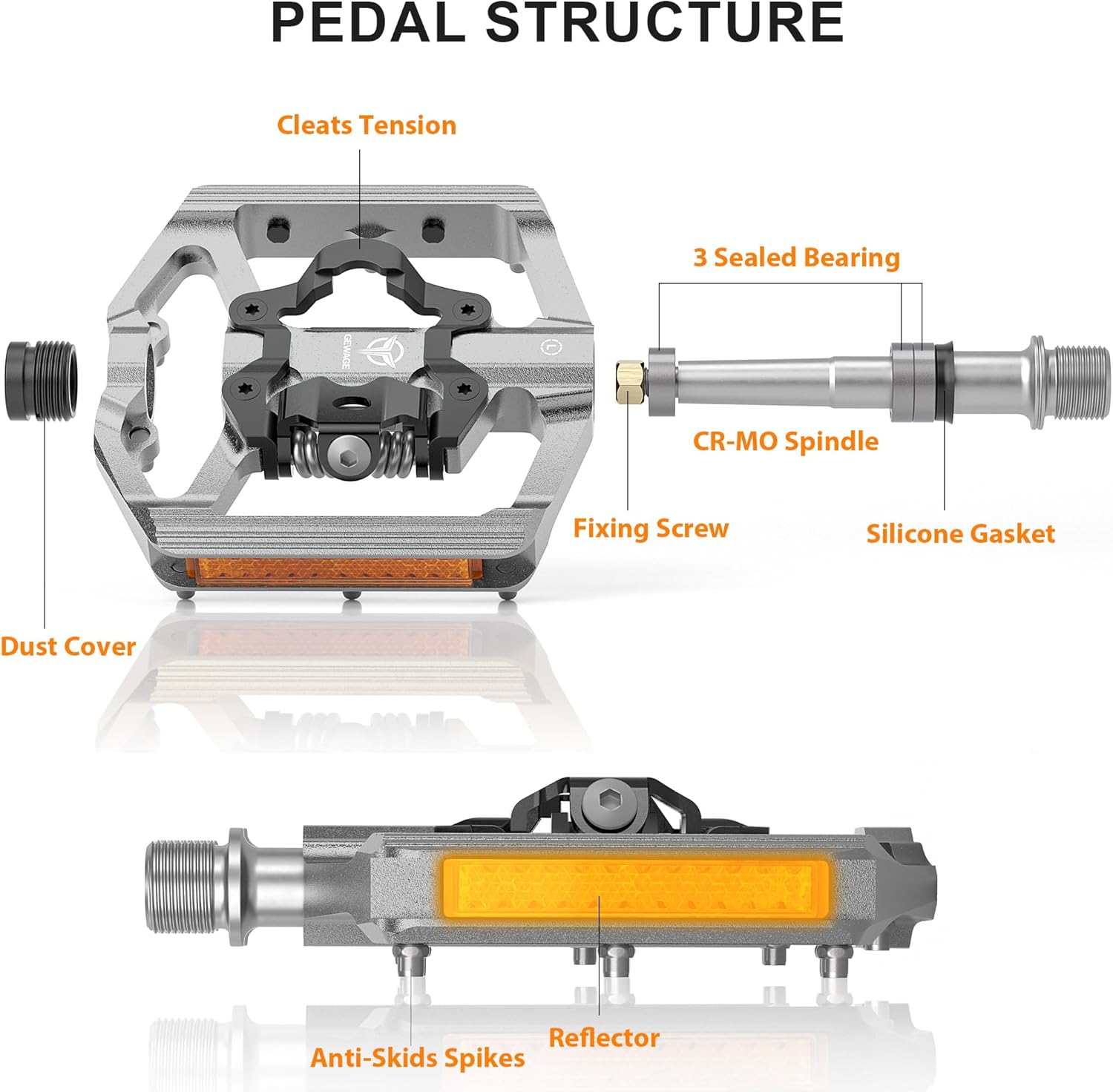 Thumbnail 1 de GEWAGE pédales de VTT plateforme 9/16" avec réflecteurs et pédales à clic compatibles SPD
