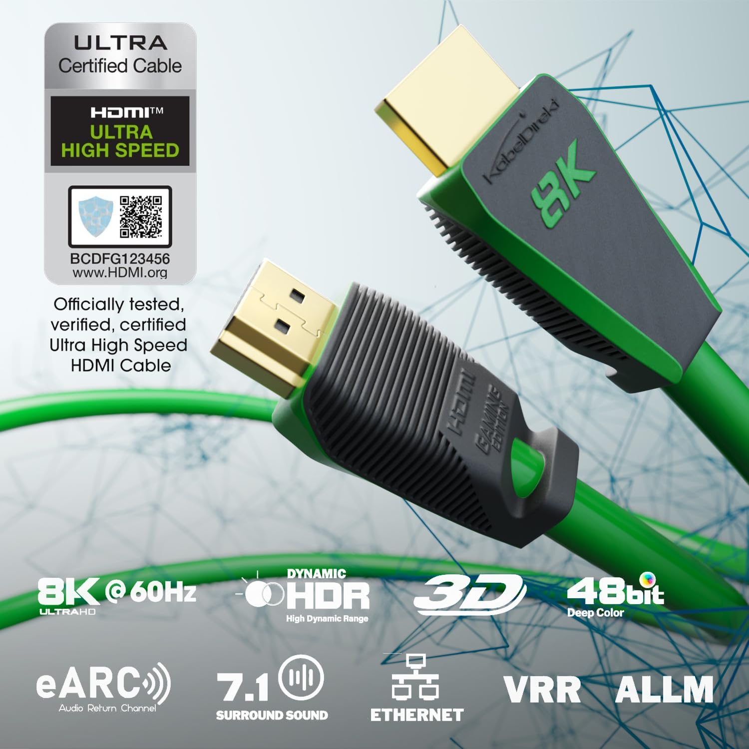 Thumbnail 1 de KabelDirekt HDMI 2.1b Ultra High Speed – 3 m, grün, zertifiziertes 8K/144 Hz Kabel für Gaming und Profi-Anwendungen