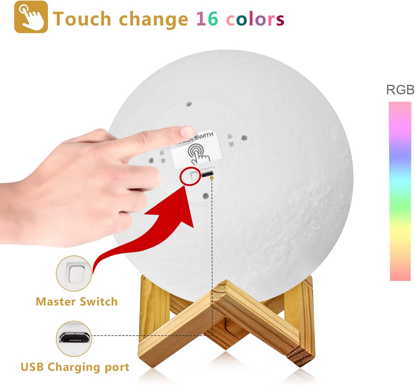 Detalle de LOGROTATE Moon Lamp, 5.9-Inch Rechargeable 16-Color Night Light