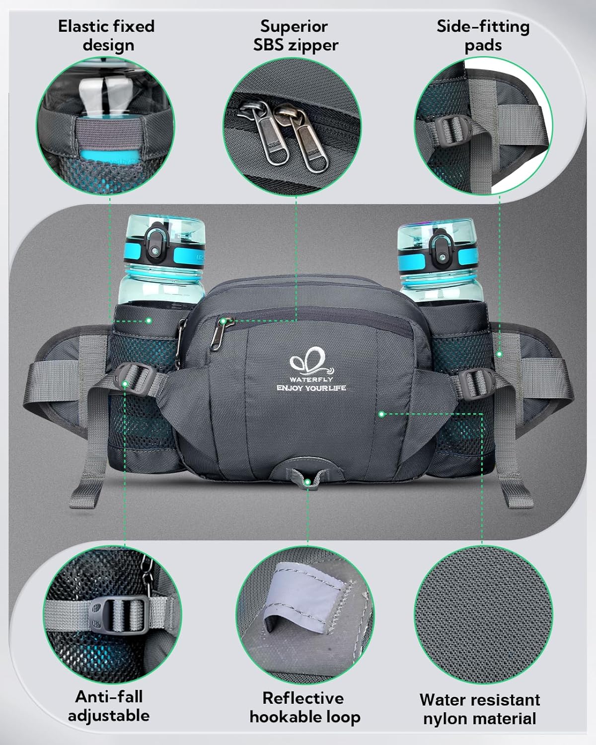 Detalle de Waterfly Hiking Waist Pack Bum Bag with Bottle Holder: a versatile travel-ready waist bag