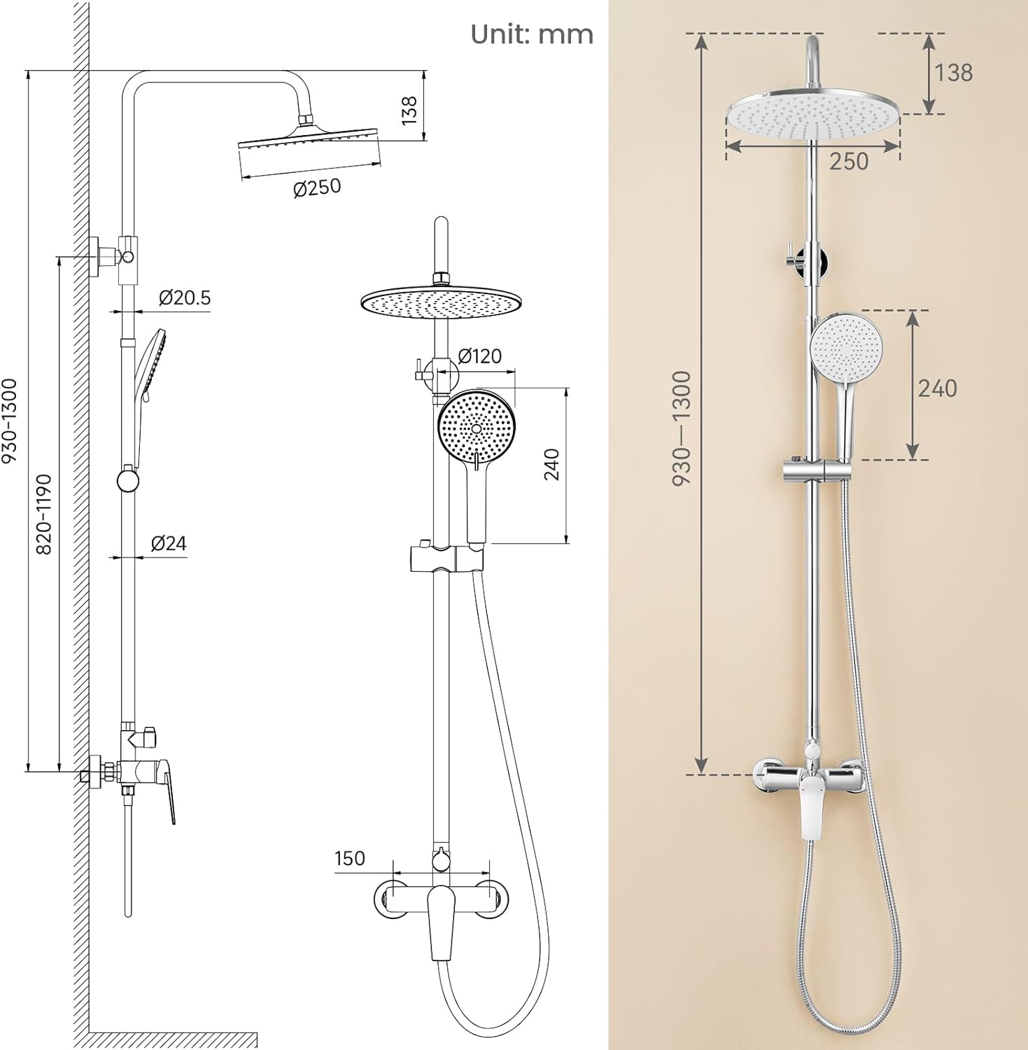 Thumbnail 4 de Auralum Colonna Doccia con Miscelatore: sistema saliscendi in acciaio inox, 3 funzioni e soffione da 25 cm