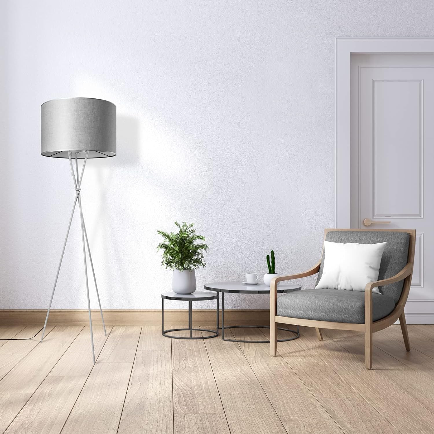 Thumbnail 1 de Paco Home Stehlampe Wohnzimmer Dreibeinstativ mit Stoffschirm – E27 Leuchte, Stecker, einfarbig