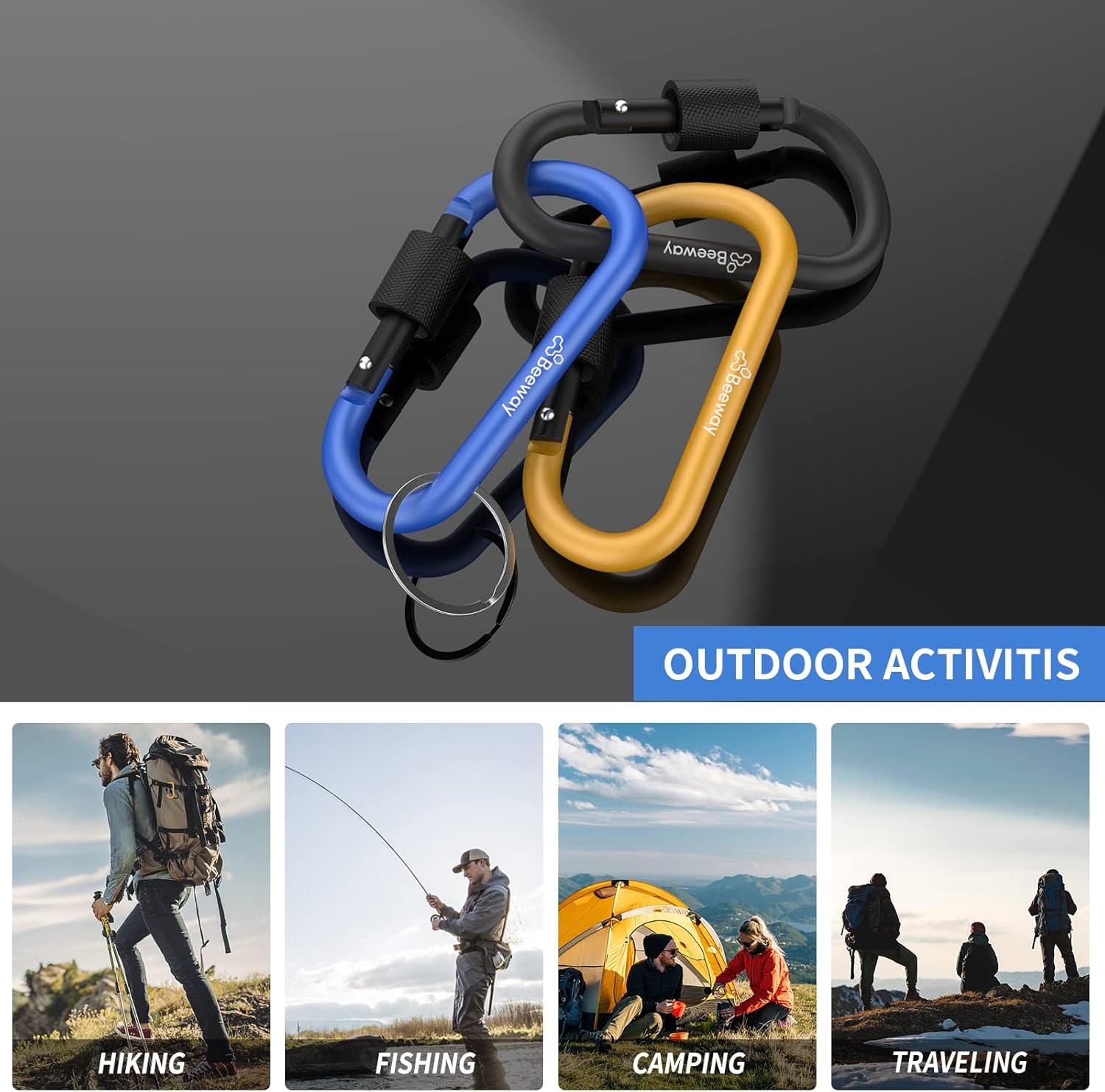 Thumbnail 6 de BEEWAY Locking Carabiner (Premium Aluminium Alloy D-Ring) – 3 Pack Key Chain Clip Hooks