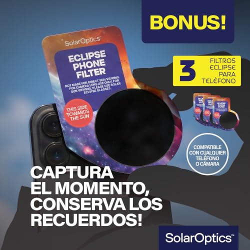 Detalle de Solar Optics: 12 Gafas Eclipse Solar con 3 Filtros para Móvil · Kit Completo para Ver y Fotografiar el Eclipse