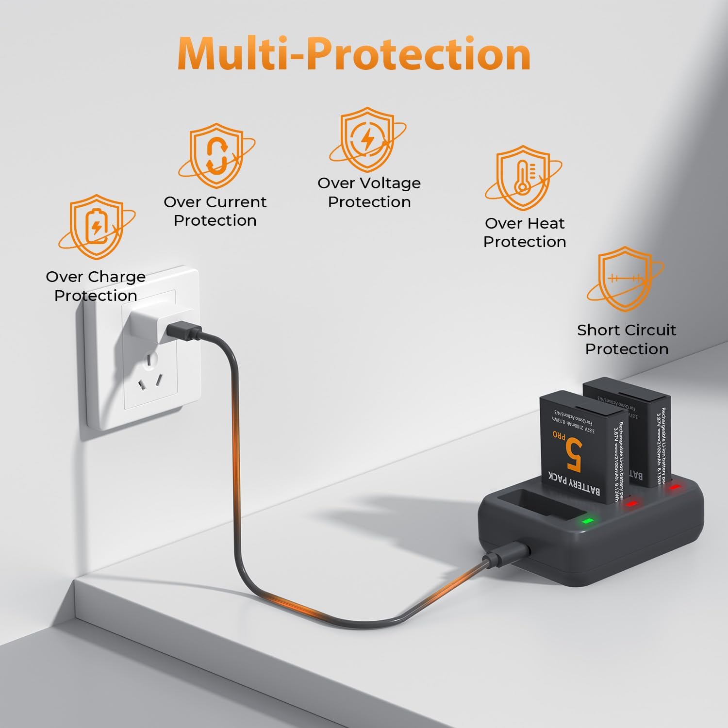 Detalle de LP Osmo Action 5 Pro Battery Charger Pack: 2x 2100mAh Replacements for DJI Osmo Action 3/4/5 Pro