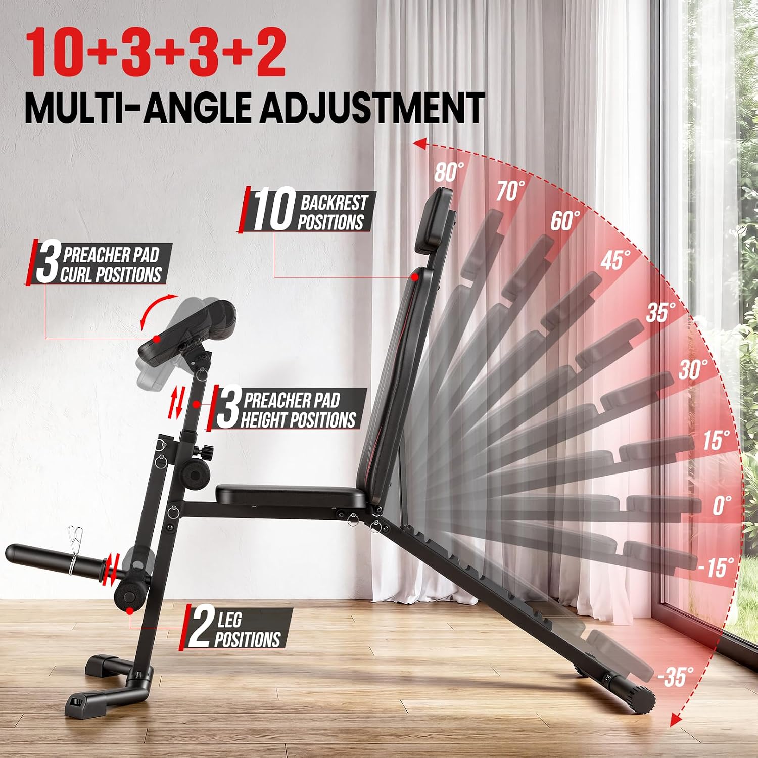 Detalle de OPPSDECOR Adjustable Weight Bench with Leg Extension and Preacher Curl Pad
