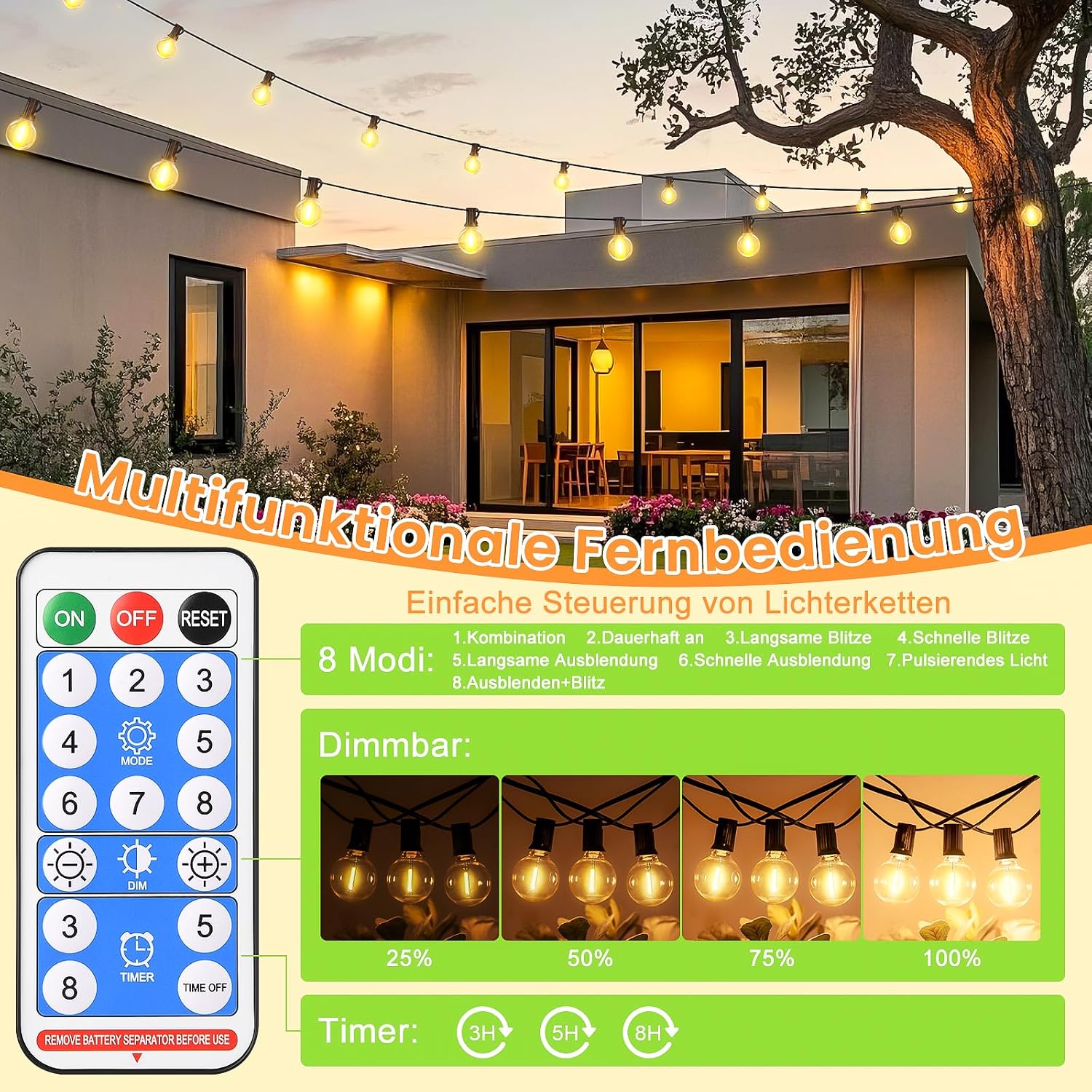 Detalle de FGRYB Solar Lichterkette Außen 15 m – 20+1 G40 LEDs, dimmbar, IP65 Solar + USB-C, 8 Modi