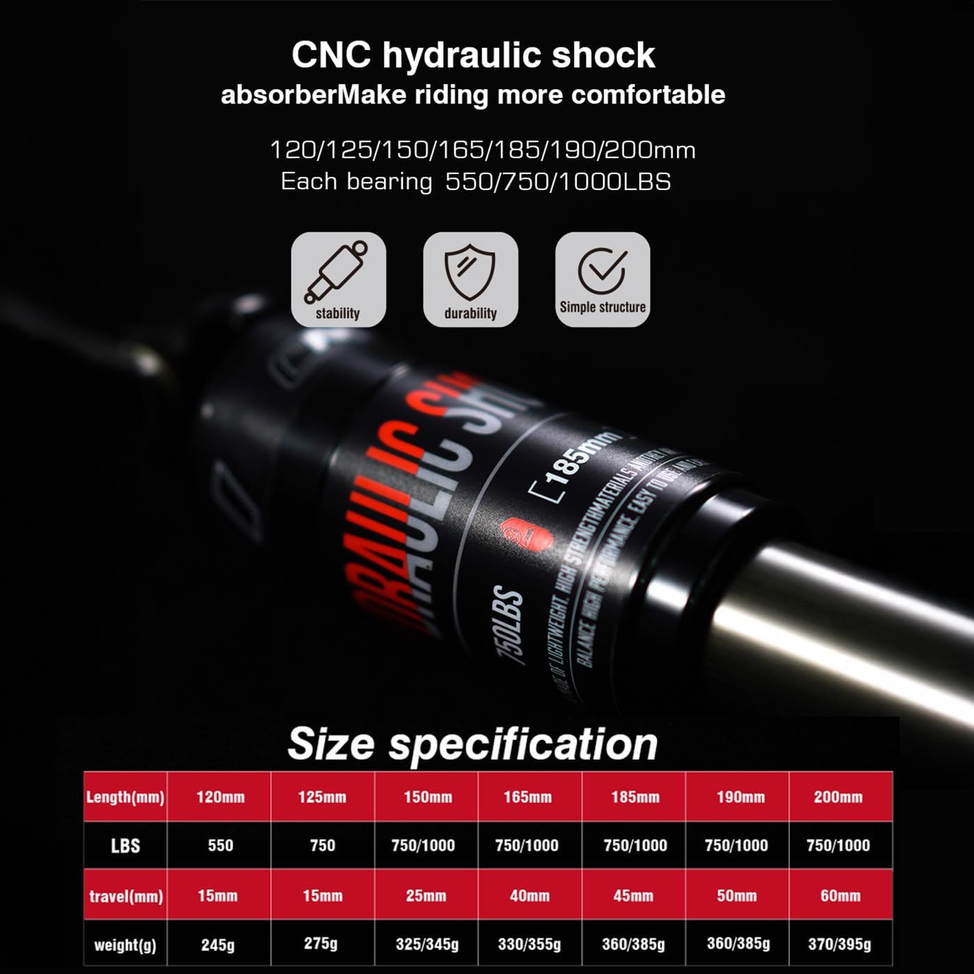 Detalle de CNCLOL Mountain Bike Rear Shock – Fixed Hydraulic Damping, 120–200mm (185x750lbs)