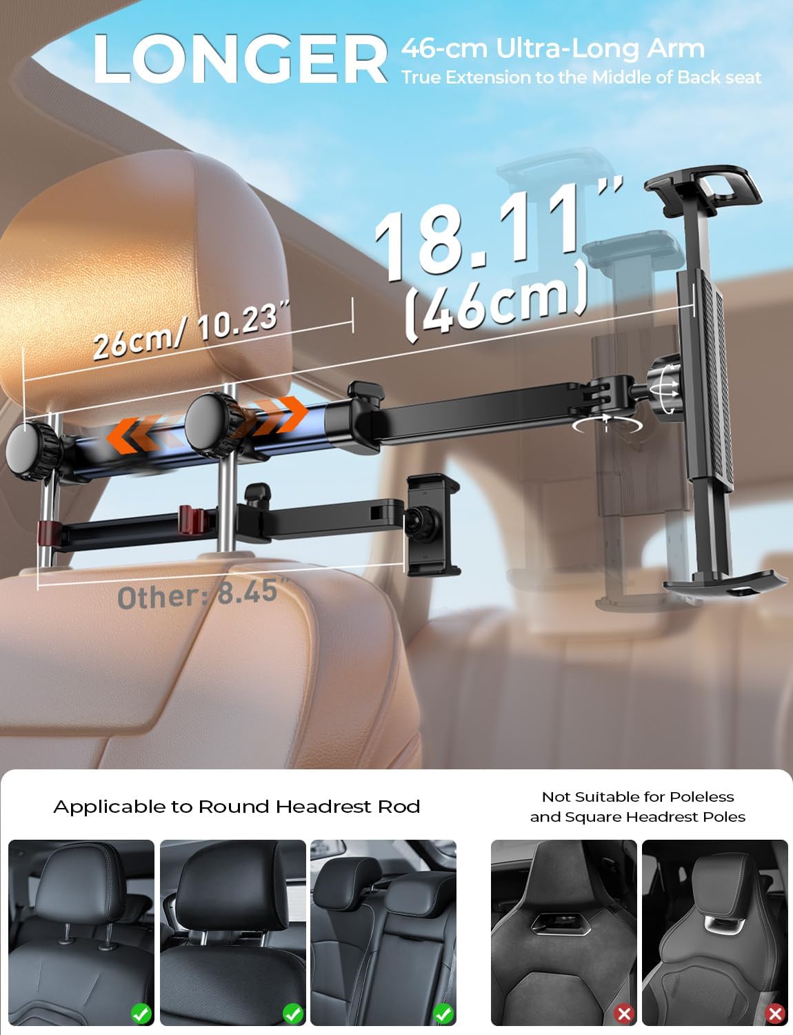 Thumbnail 2 de TRYONE Soporte Tablet Coche Reposacabezas 46 cm – 3 en 1 Extensible para iPad, Switch y más