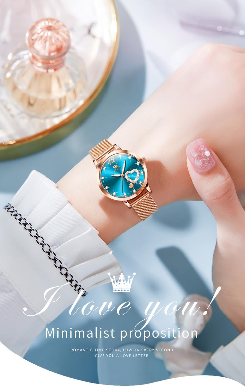 Detalle 2 de OLEVS Femmes Montre Luxe Or Rose Ultra-Mince avec bracelet maille inox étanche 30 m