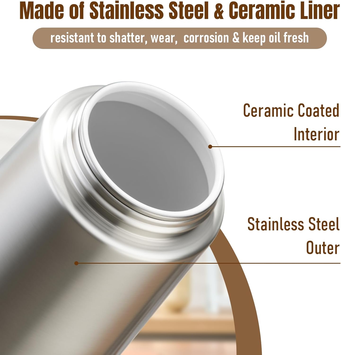 Detalle de PARACITY 2-in-1 Oil Dispenser Bottle: Stainless Steel Shell, Ceramic Interior, Olive Oil Sprayer & Pourer (Black)