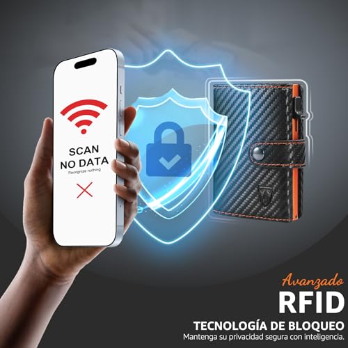 Detalle de TENBST Carteras para Hombre | Tarjetero con Monedero y Bloqueo RFID en fibra de carbono naranja-negro