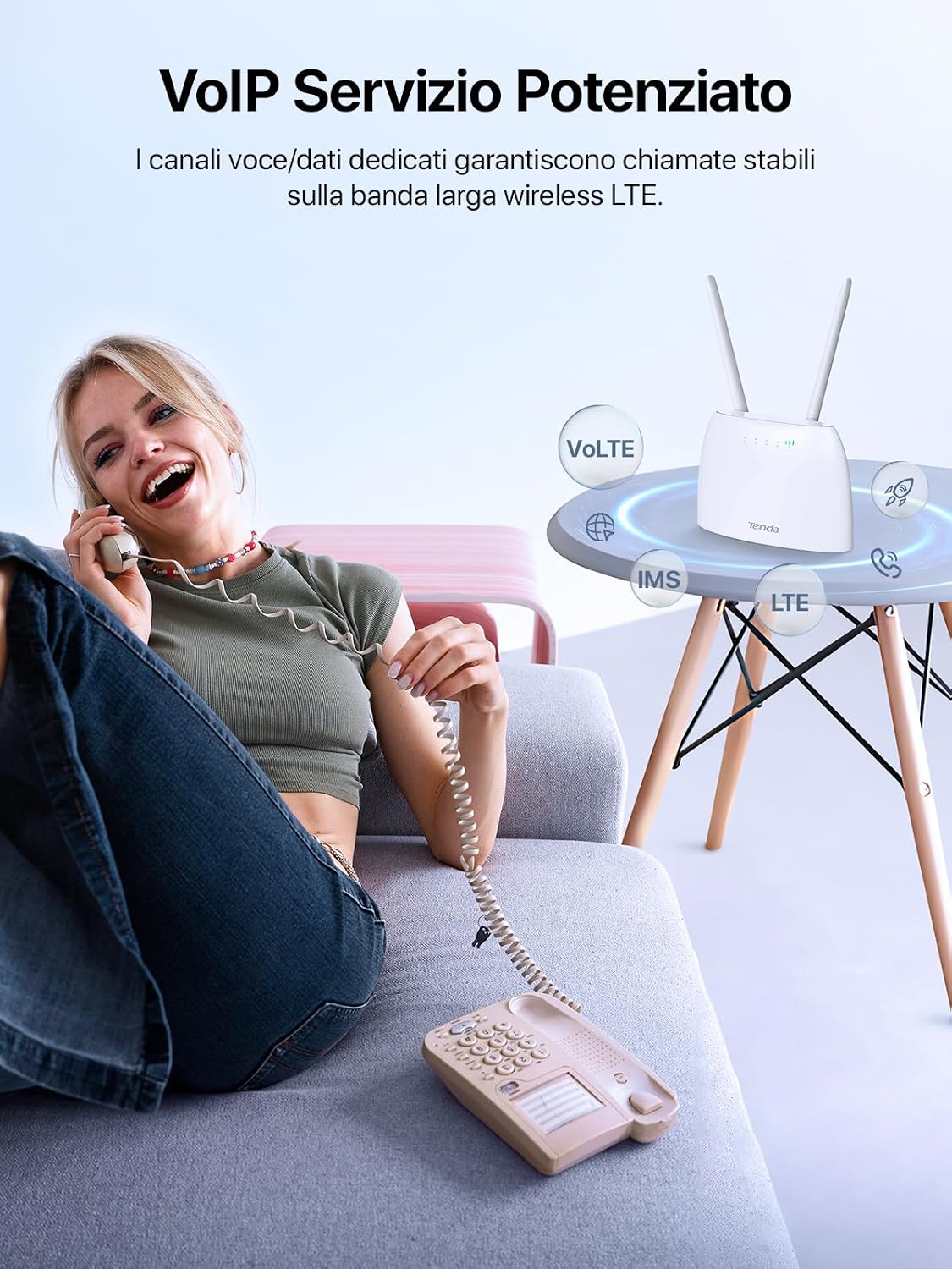 Detalle de Tenda 4G06: Router 4G LTE Cat4 con SIM, Wi‑Fi 300 Mbps e VoLTE per casa, camper e backup