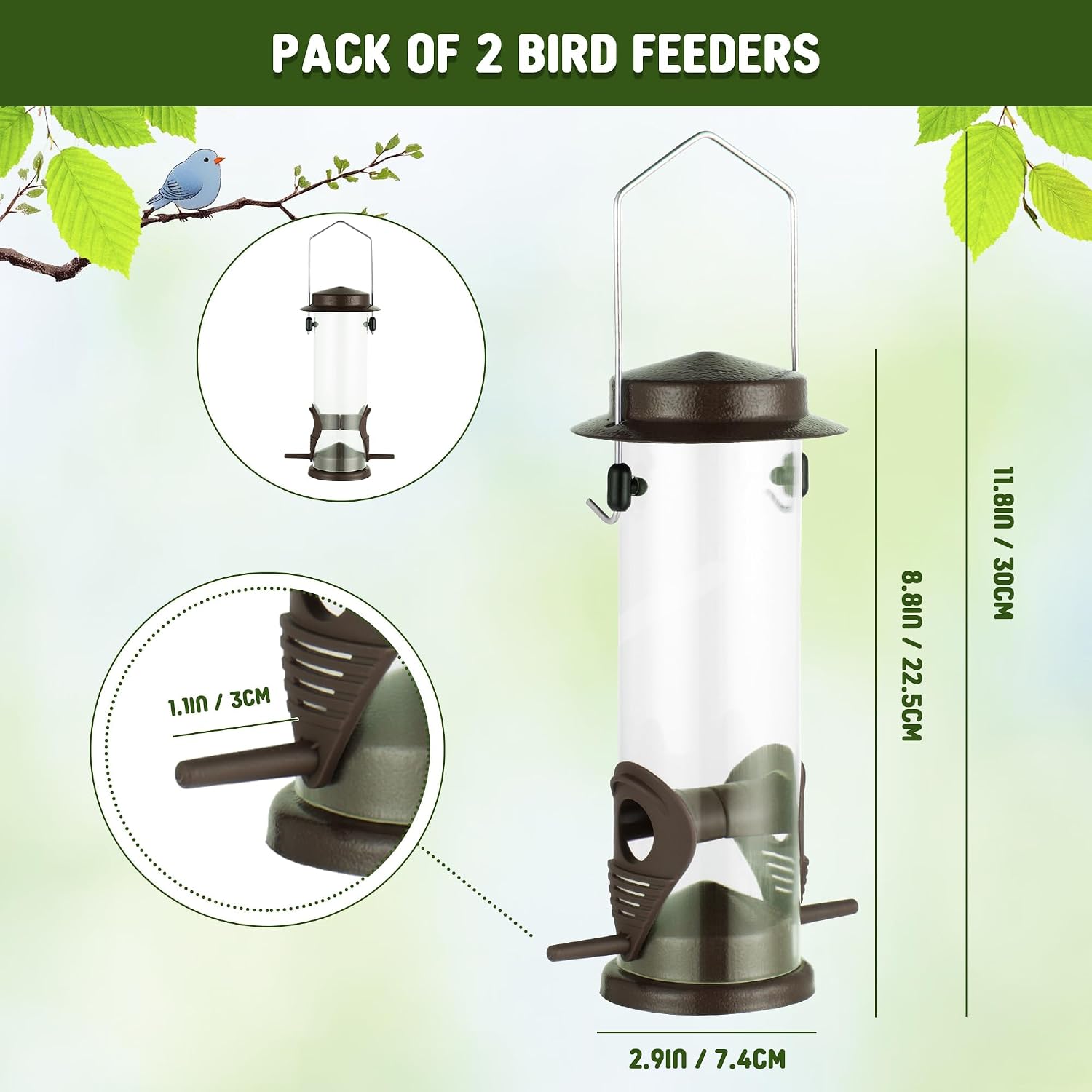 Thumbnail 1 de Hanging Bird Feeders: Copper Finish Metal Seed Feeder, 2-Port, Weatherproof and Heavy-Duty (2 Packs) for Garden