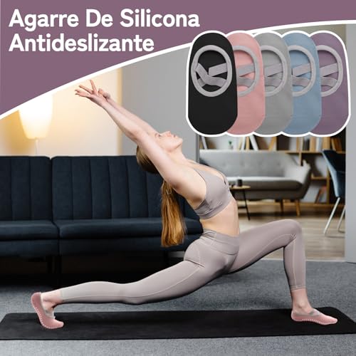 Detalle 2 de VEGCOO 5 Paia Calzini Antiscivolo Donna per Pilates, Yoga e Fitness – EU35-38, 5 Colori