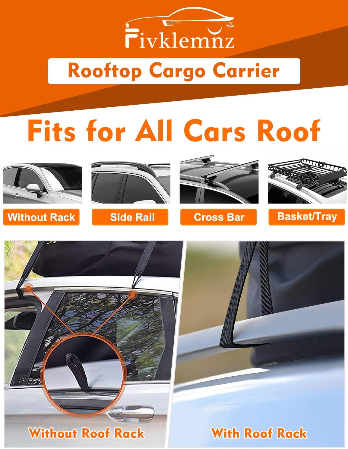 Detalle 2 de FIVKLEMNZ Car Rooftop Cargo Carrier Roof Bag (Waterproof) with Anti-Slip Mat, Reinforced Straps, Door Hooks & Luggage Lock