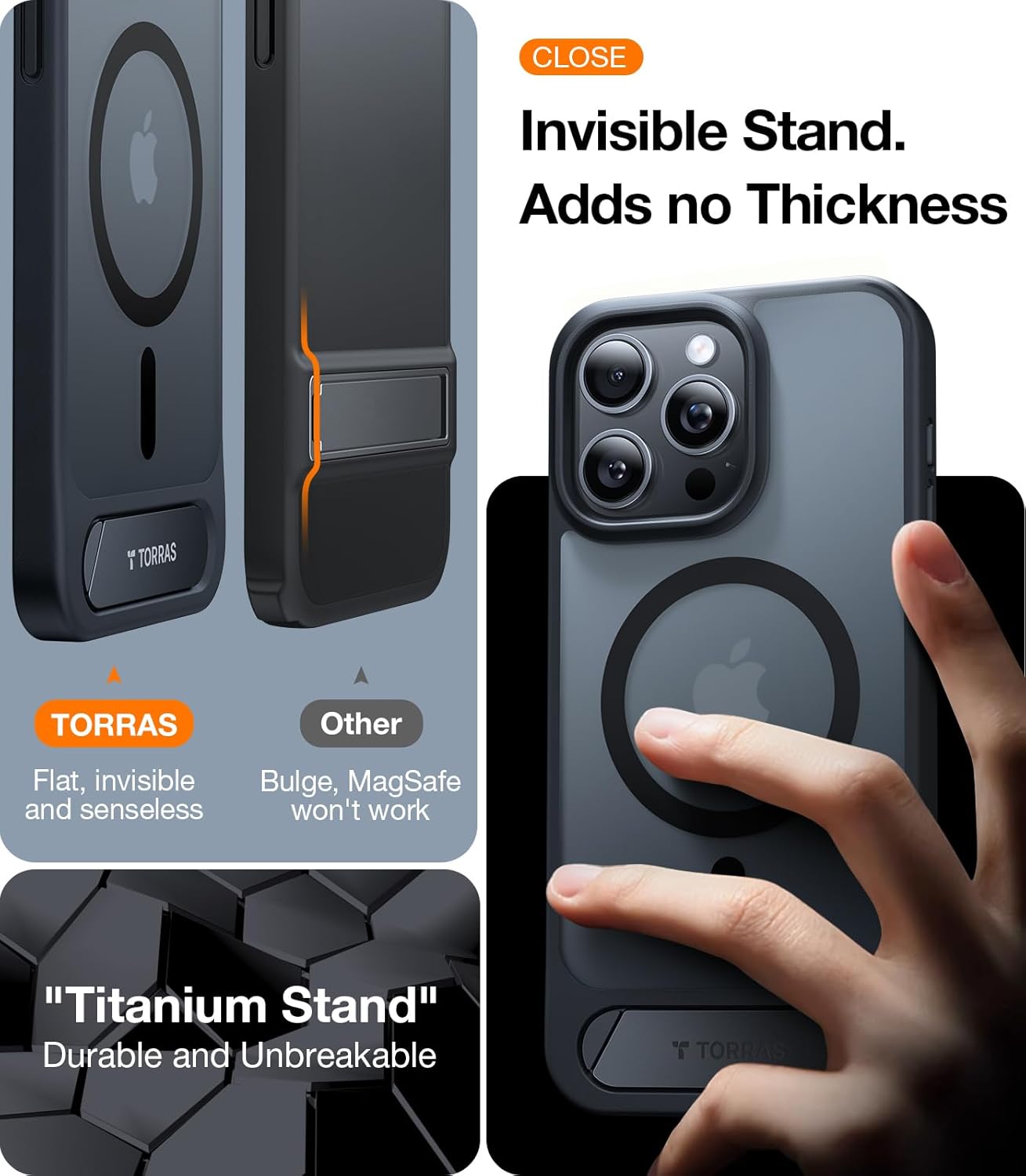 Thumbnail 4 de TORRAS iPhone 15 Pro Max Case Invisible Titanium Stand (Black) with 12ft military shockproof & N56 magnets