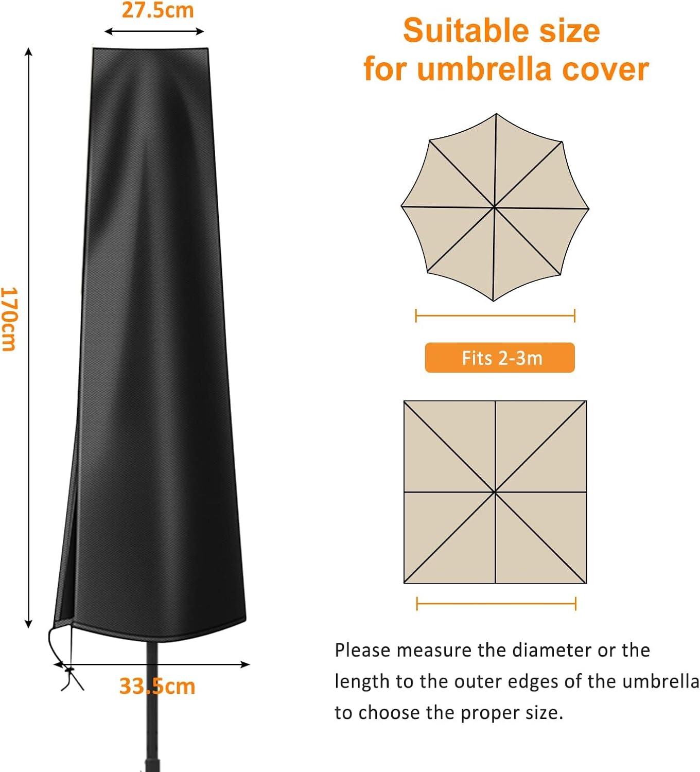 Detalle 2 de OKPOW 600D Oxford waterproof patio umbrella cover with zip – for ~Ø 300 cm offset umbrellas, black
