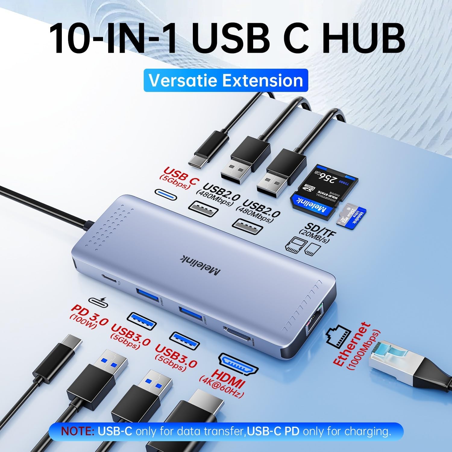 Detalle 2 de Melelink USB C Hub 10 in 1, 100W
