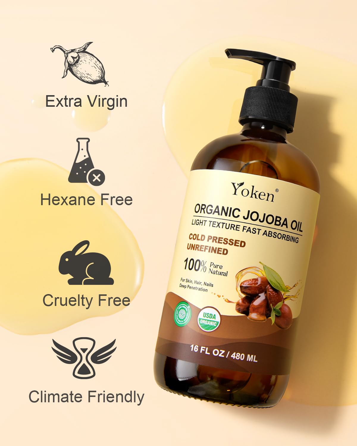 Detalle 2 de Yoken Organic Jojoba Oil (USDA Certified) — 16 fl oz Cold-Pressed, Unrefined, Hexane-Free