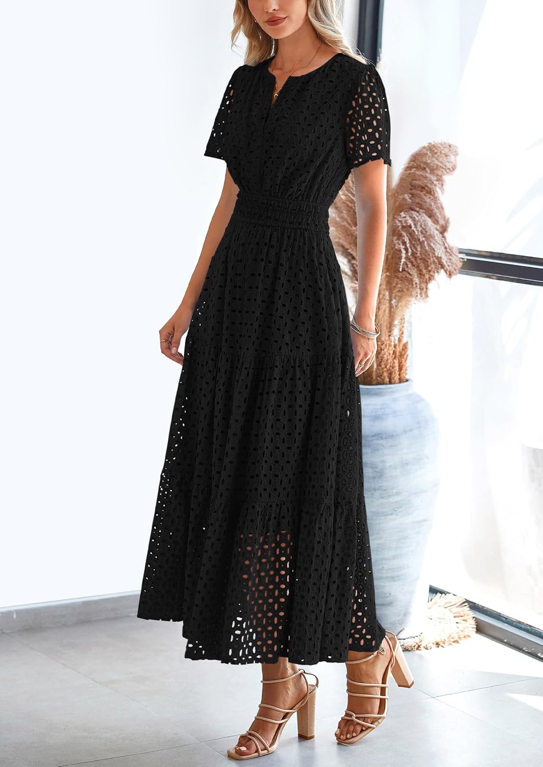 Detalle de PRETTYGARDEN Womens 2026 Summer Maxi Dress: Eyelet V-Neck A-Line with Short Sleeves