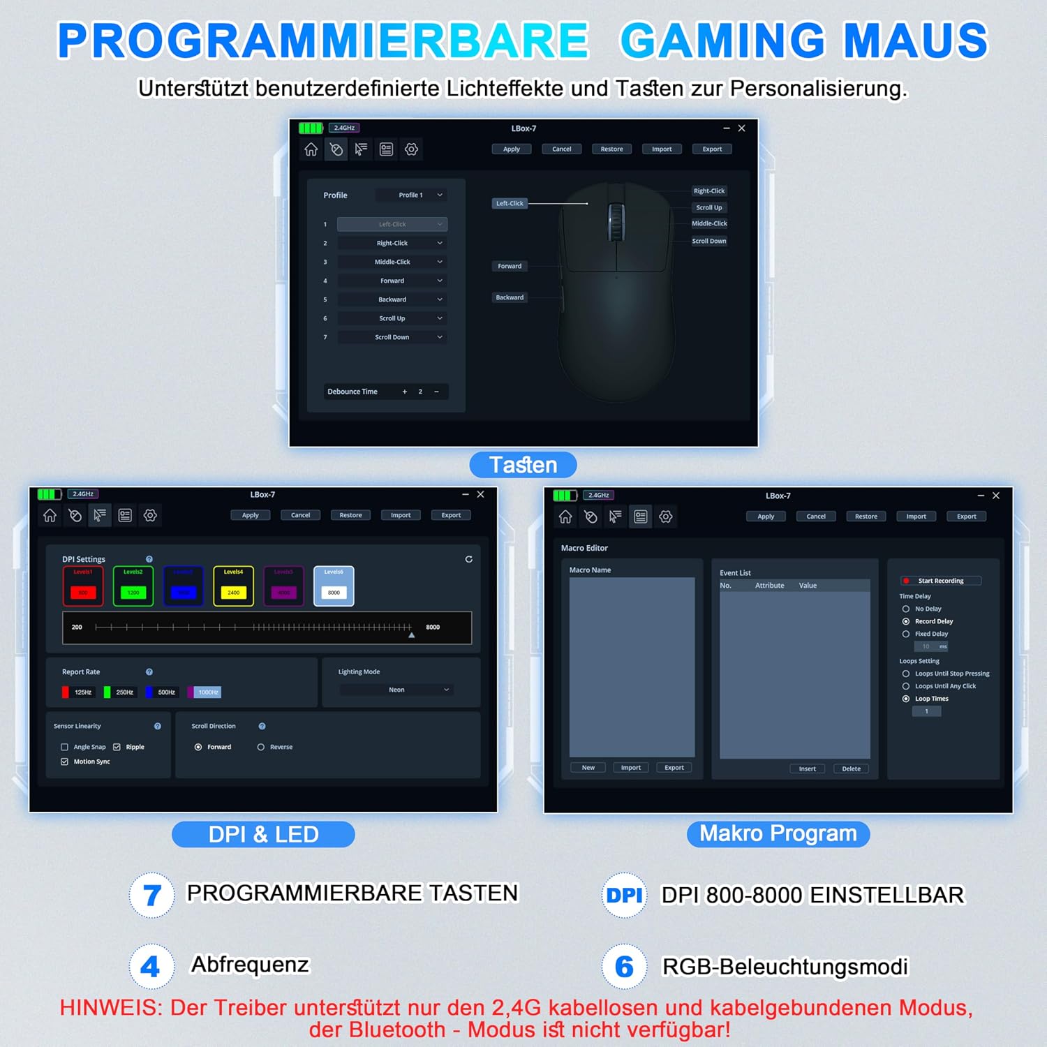 Detalle de Azmall 3-Modus kabellose Gaming-Maus (BT 5.3/2,4 GHz/USB‑C) – 8.000 DPI, 7 Tasten, RGB, Jiggler