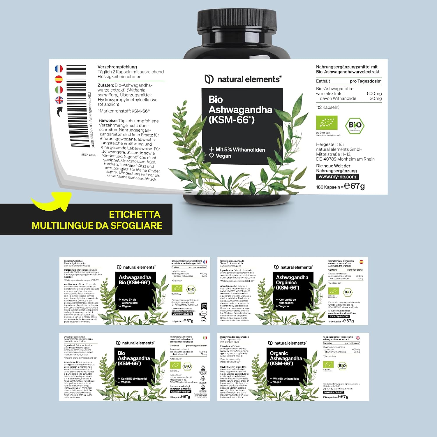 Detalle 2 de Bio Ashwagandha KSM-66 ad alto dosaggio Natural Elements – 180 capsule