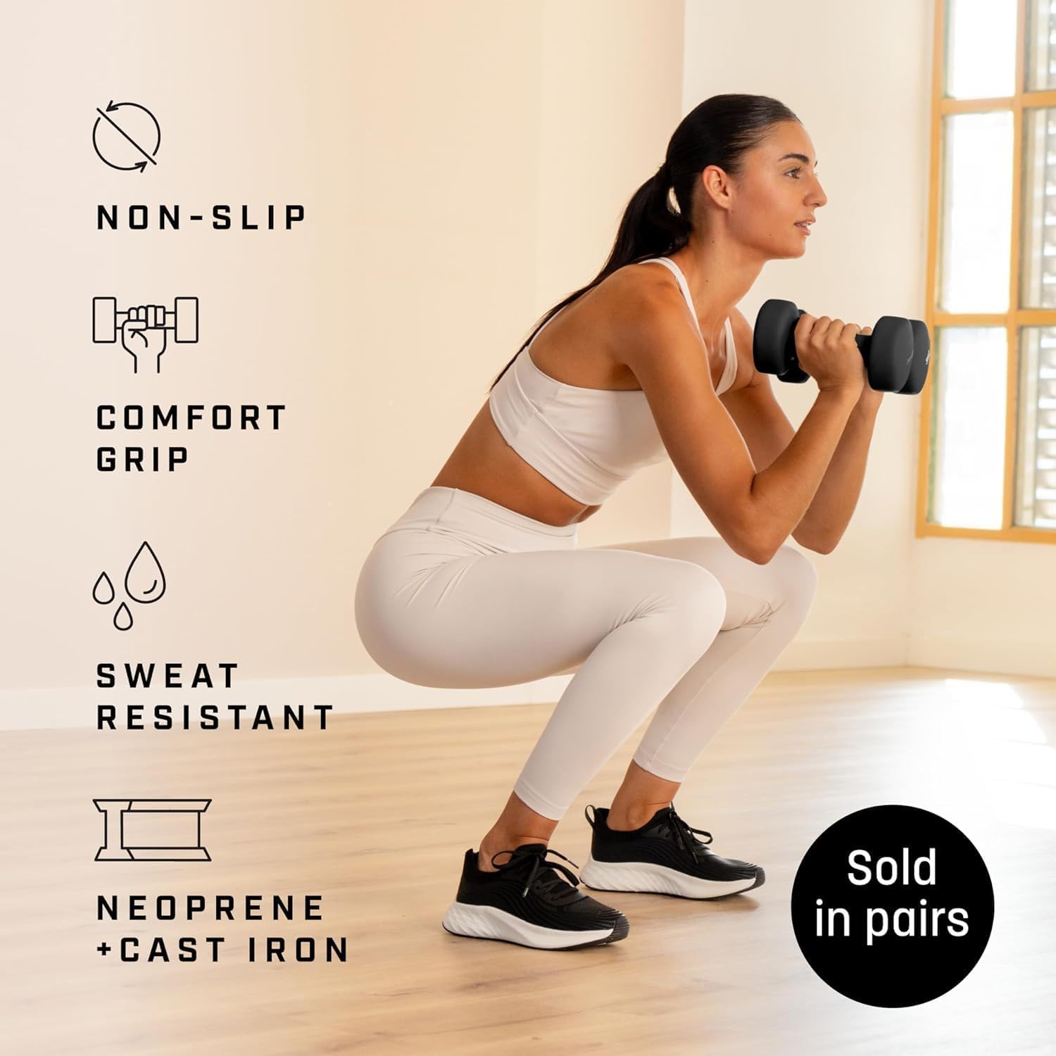 Detalle de KG PHYSIO Weights Dumbbells Set (1–10 kg) – Neoprene-Coated Anti-Roll Dumbbell Pair with A3 Exercise Poster