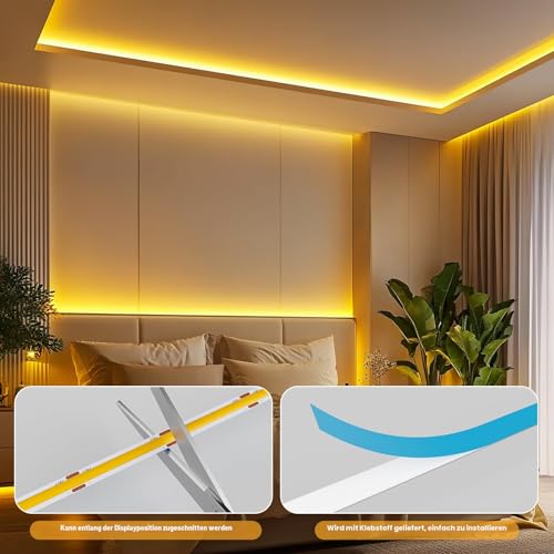 Detalle de COB LED-Streifen 5M 2700K Warmweiß (24V, 36W, 480 LEDs) von Ylatoial – dimmbar mit Adapter