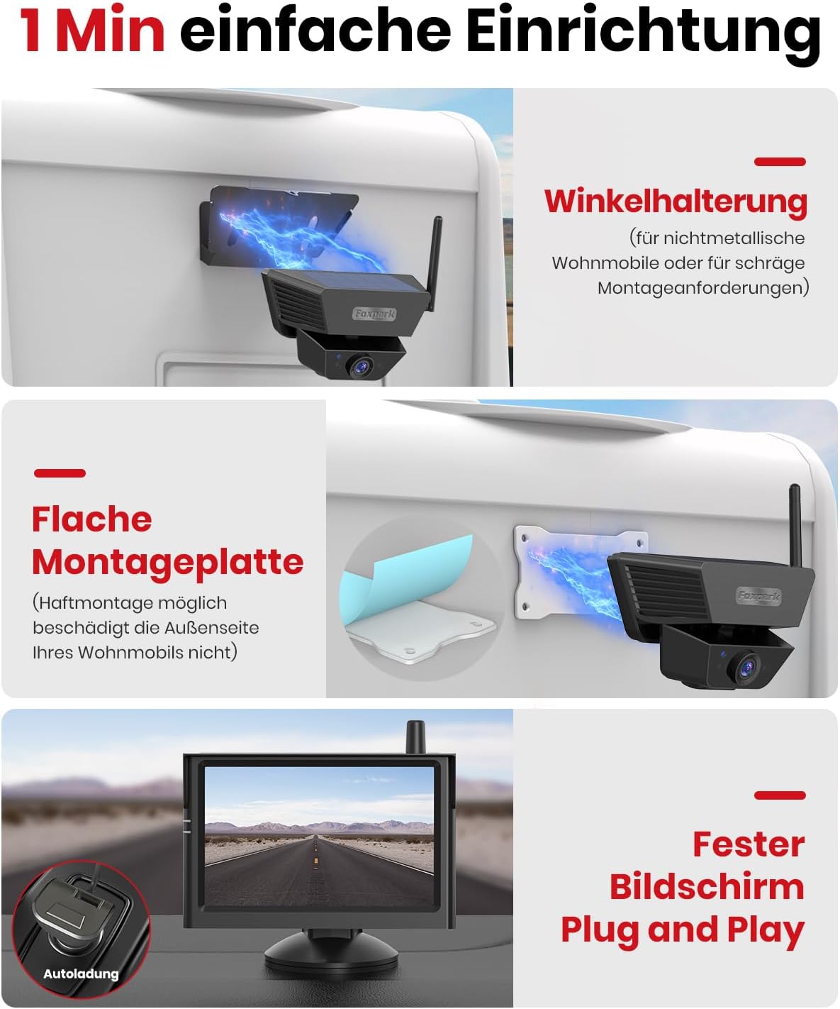 Detalle 2 de Solar Rückfahrkamera Kabellose Magnetisch 5 Zoll HD 1080P – IP69K, Tragetasche, für Auto, SUV, LKW, Anhänger