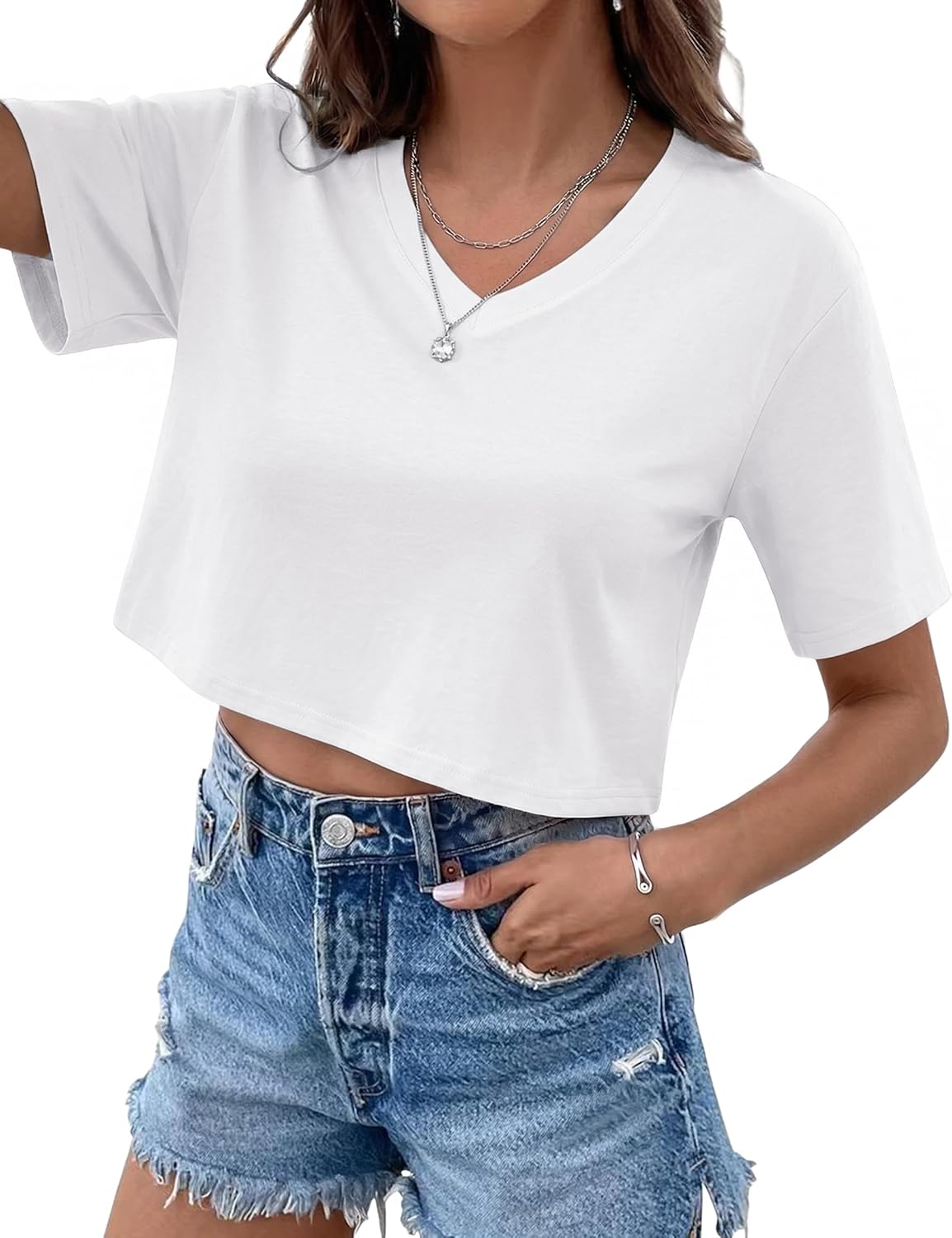 Detalle de Jahetuul Damen T-Shirt Kurzarm mit V-Ausschnitt – Lockeres Basic Shirt für Alltag und Freizeit