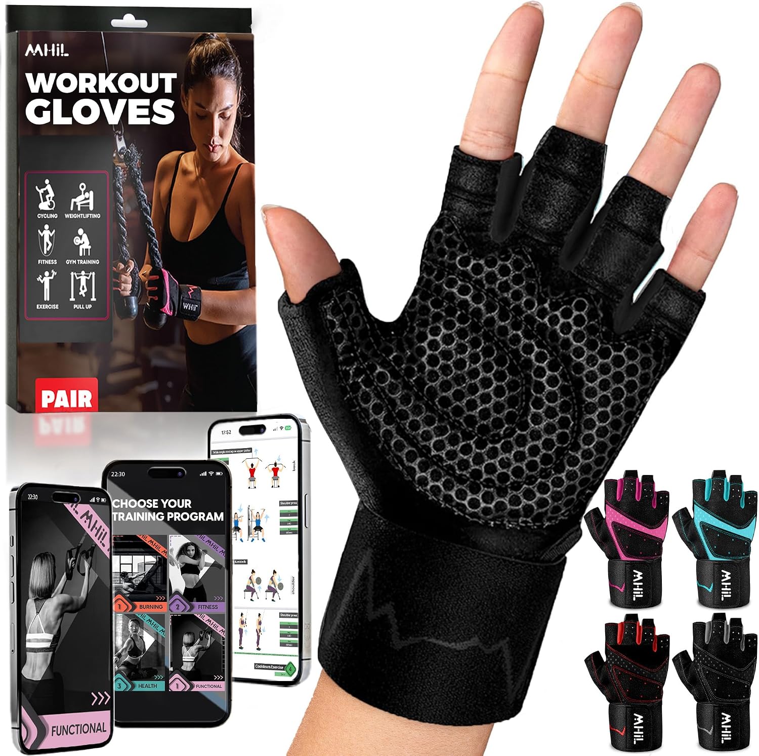 Detalle de MhIL Workout Gloves for Women with Padded Palms and Adjustable Wrist Wraps