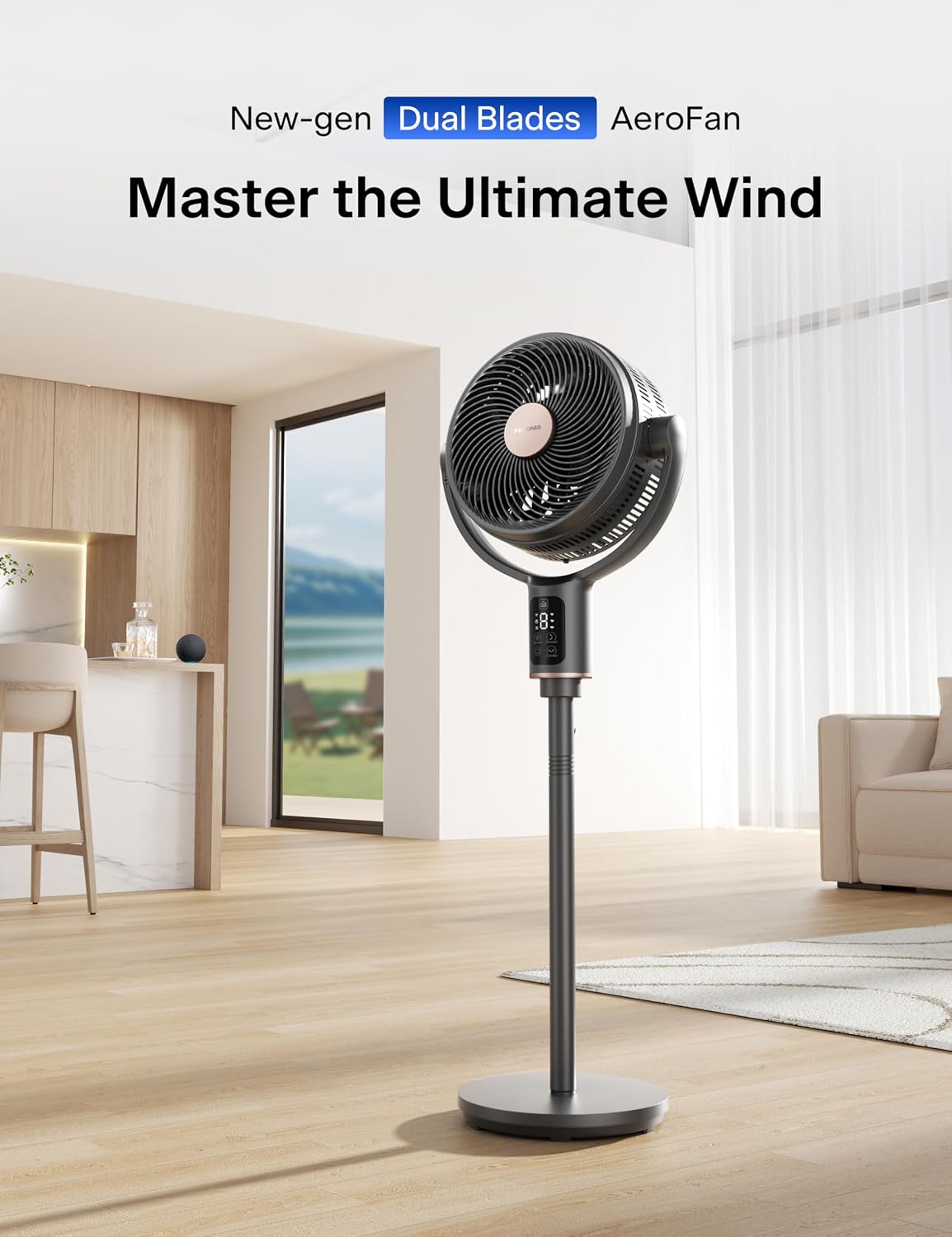 Detalle de PELONIS Smart Pedestal Fan with 9+7 Dual Blades, DC Motor and App Control