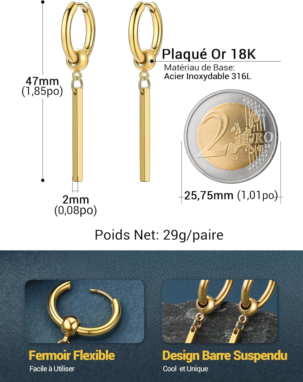 Thumbnail 4 de PROSTEEL Boucles d’oreilles homme en acier inoxydable, créoles 12 mm avec pendants barres