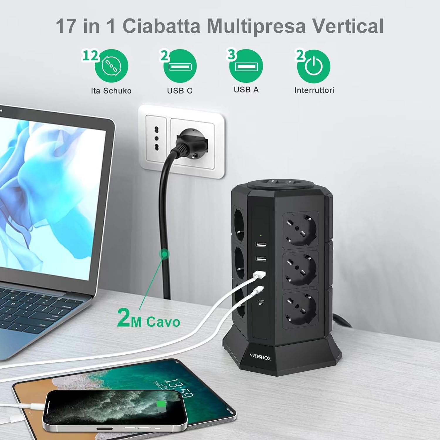 Thumbnail 1 de NVEESHOX ciabatta multipresa verticale con 12 Schuko, 2 USB-C PD 20W e 3 USB-A, cavo 2 m