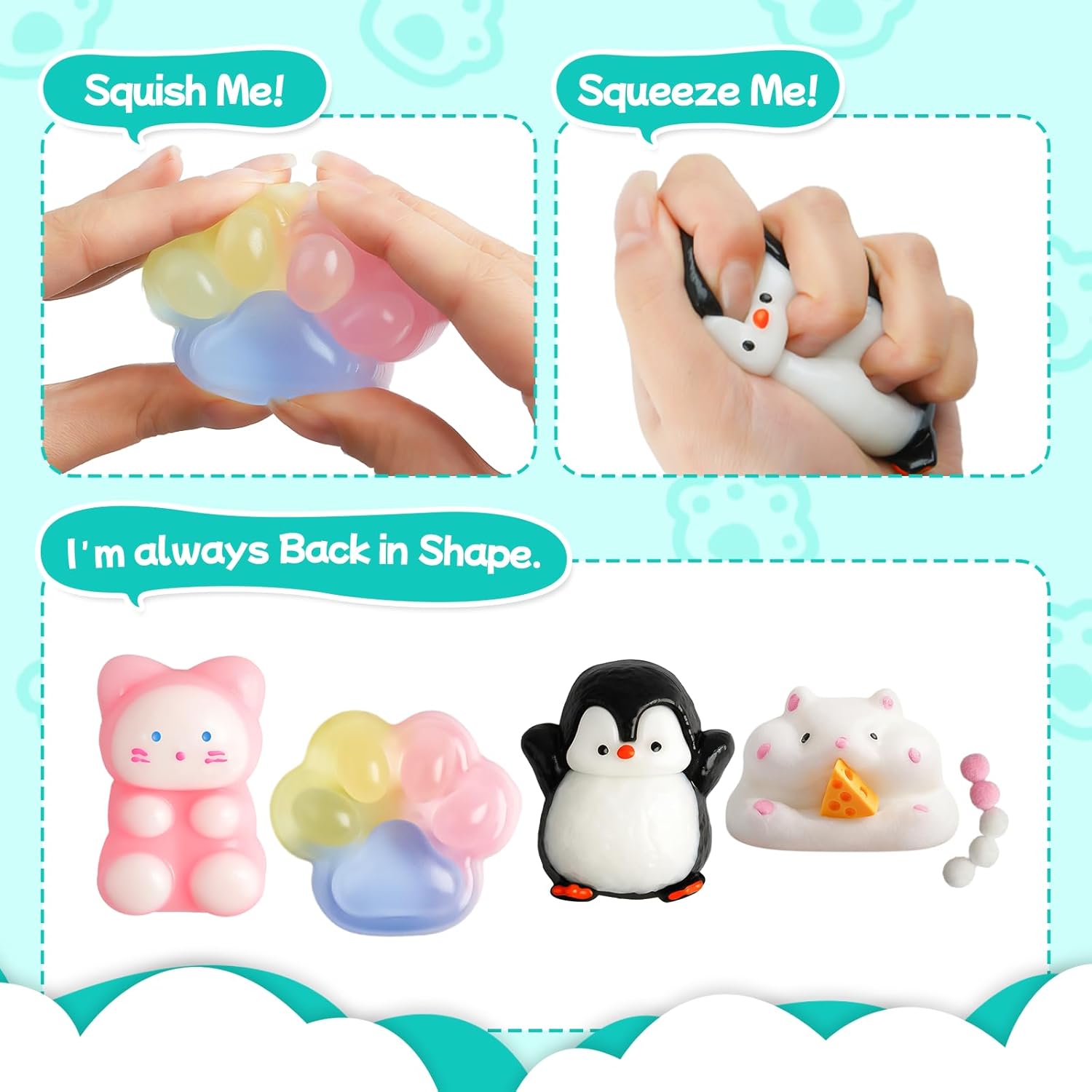Detalle de Taba Squishy 4-Piece Kit: Cat, Cat Paw, Penguin & Hamster – Stress Relief Fidget Toys