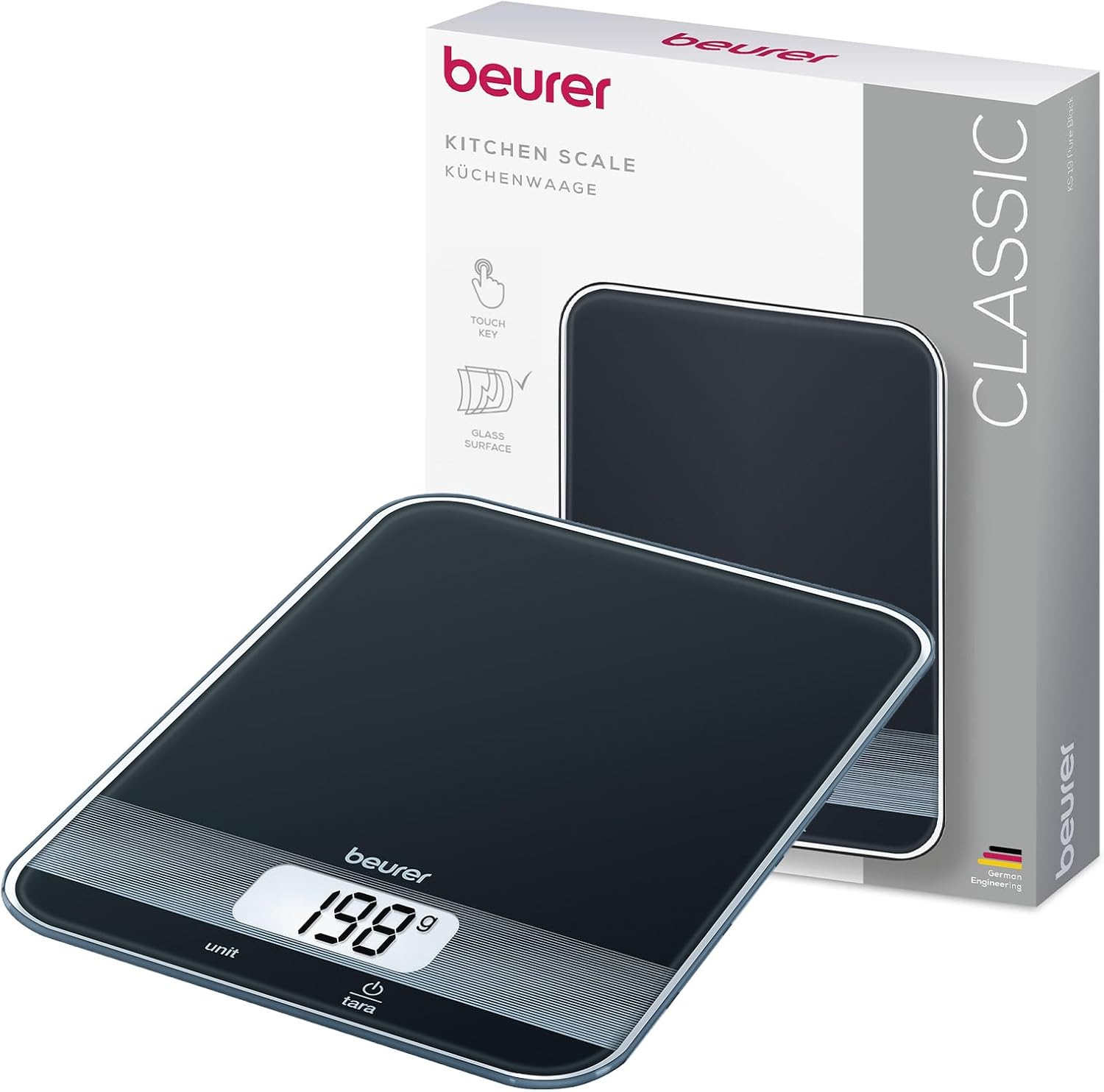 Detalle de Beurer KS19 (704.04) digital köksvåg i svart med tarering, 5 kg och 1 g