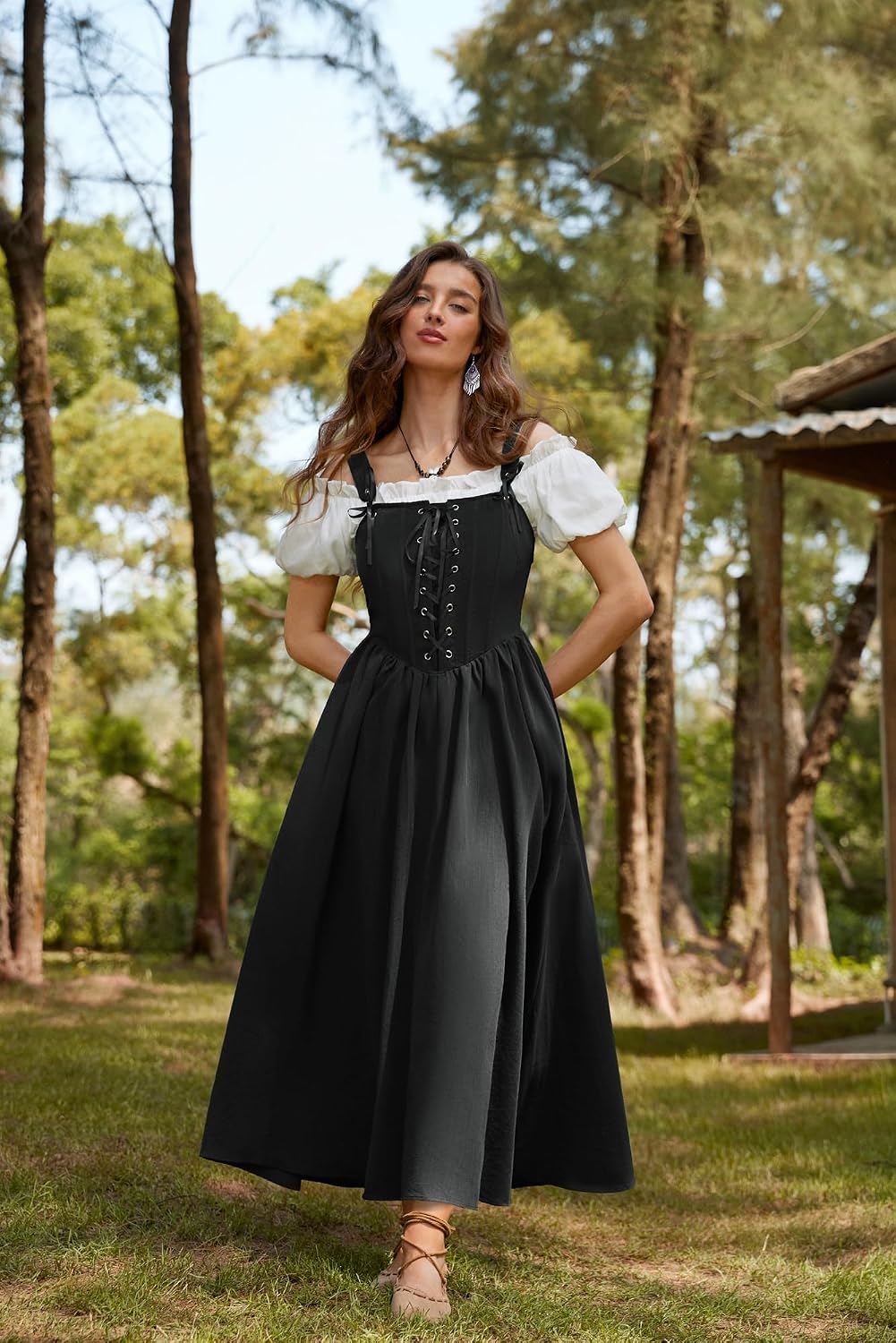 Detalle de SCARLET DARKNESS Damen Renaissance Korsett Kleid – Ärmellos mit Schnürung, Maxi-Kleid