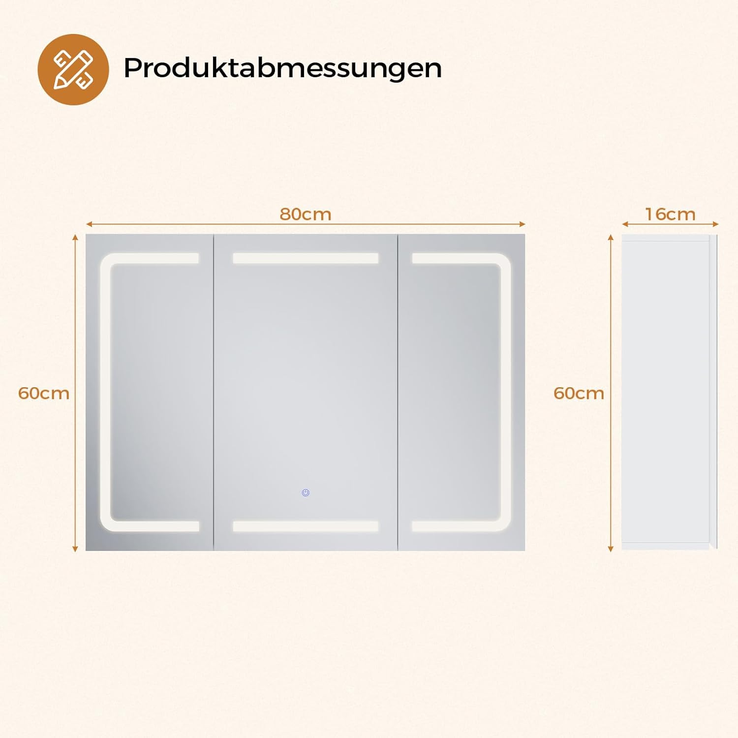Thumbnail 1 de mojiasion Spiegelschrank fürs Bad mit LED, Touch-Dimmer, Steckdose & 3 verstellbaren Regalen (60×80×16 cm)
