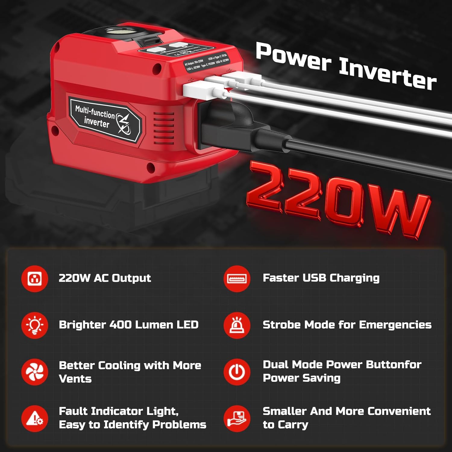 Detalle de 220W 18V Power Inverter with LED Light