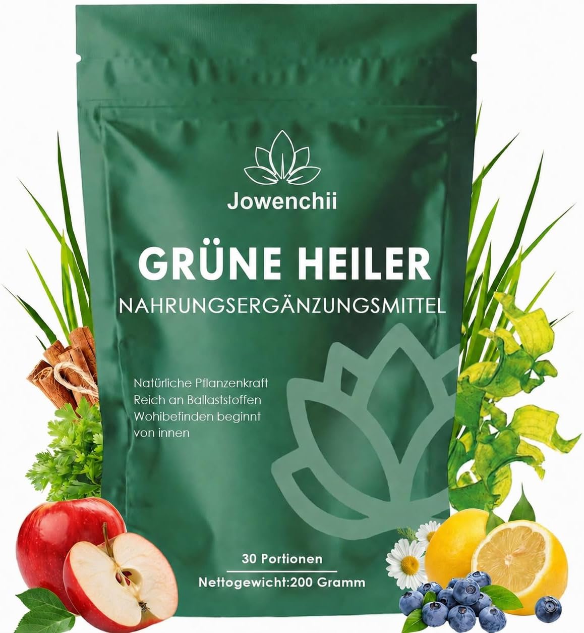 Detalle de Grüne Entgiftungspulver, 200g – Superfood Helfer mit Matcha, Gerstengras und Heidelbeeren