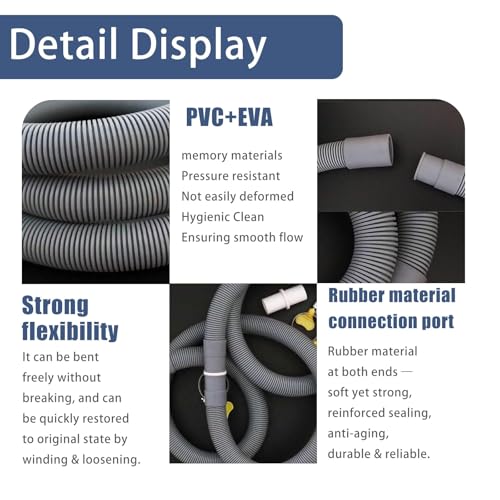 Detalle de OUKMAO Universal Drain Hose Extension Kit, Grey, 2m with Connector and Clamps