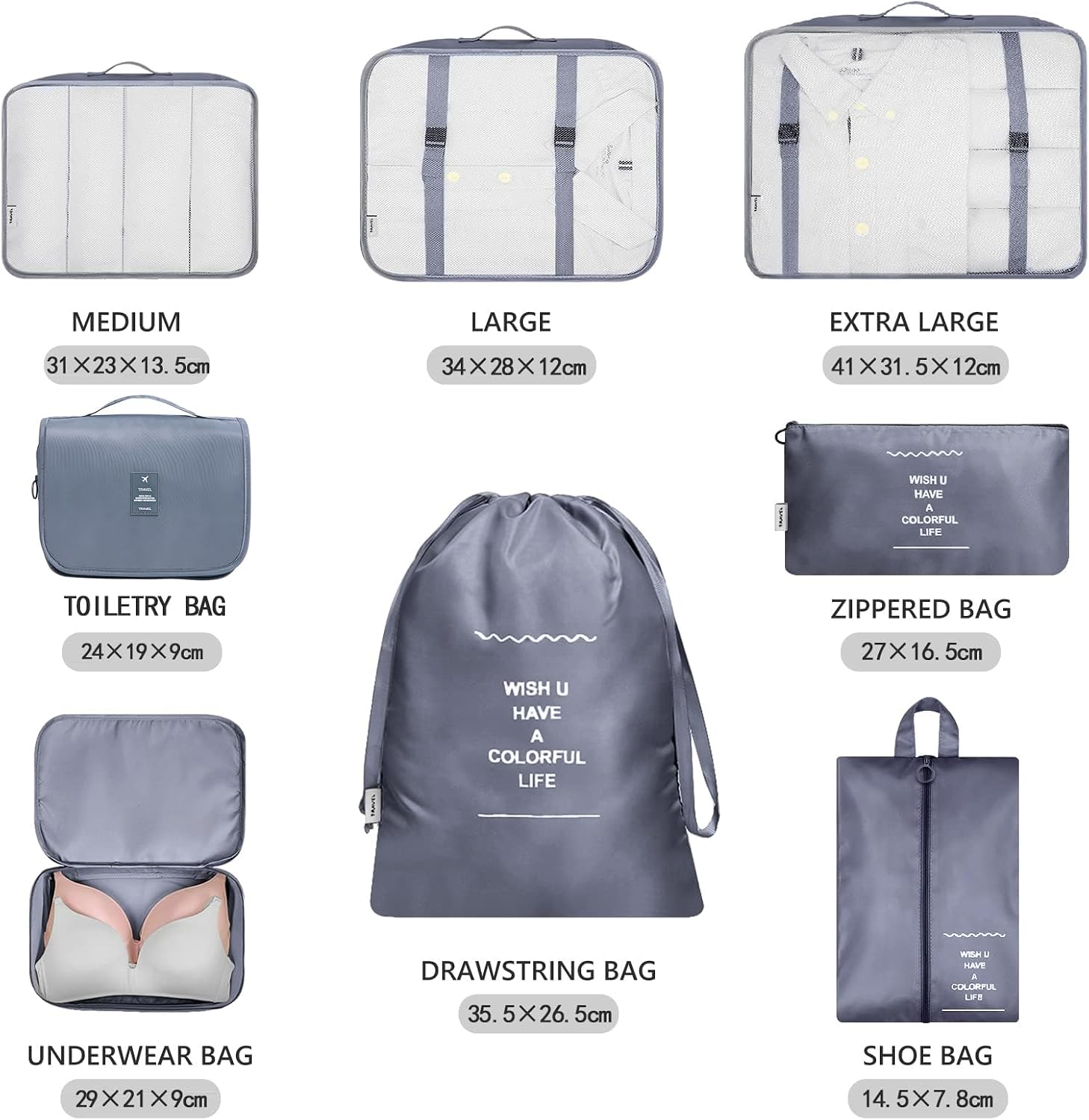 Detalle de MURISE Packing Cubes 8 pièces (6/8 tailles) — organisateur de valise pour voyages et vacances