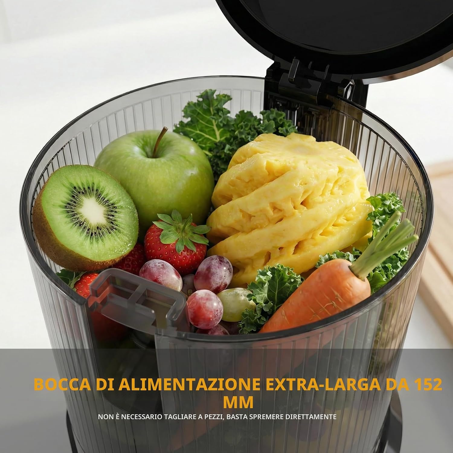 Detalle 2 de Estrattore Frutta e Verdura a Freddo 400W, Slow Juicer 3 in 1 con Bocca XL 152 mm – BPA Free, Lavabile in Lavastoviglie
