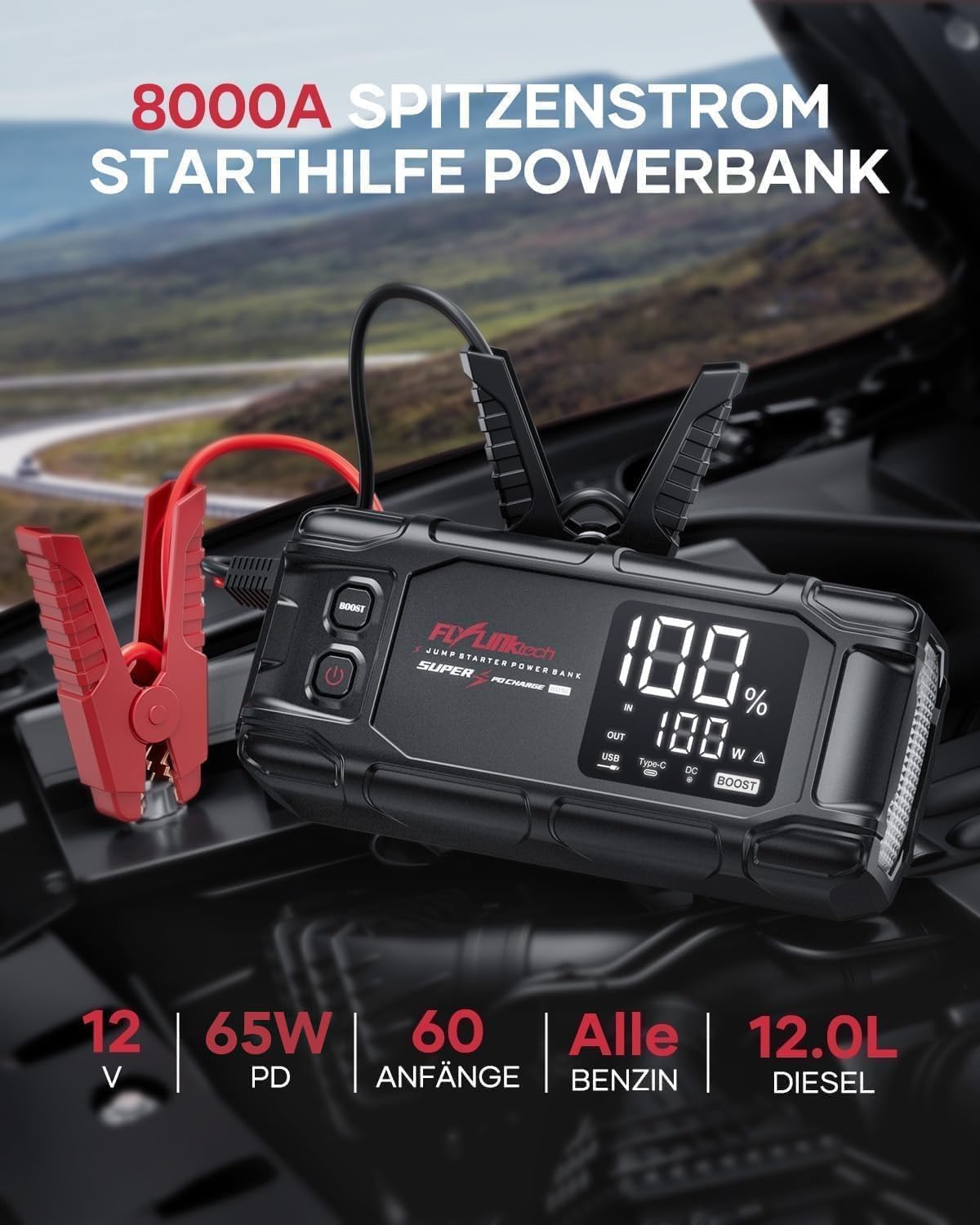 Detalle 2 de FLYLINKTECH 8000A Starthilfe Powerbank 26800mAh