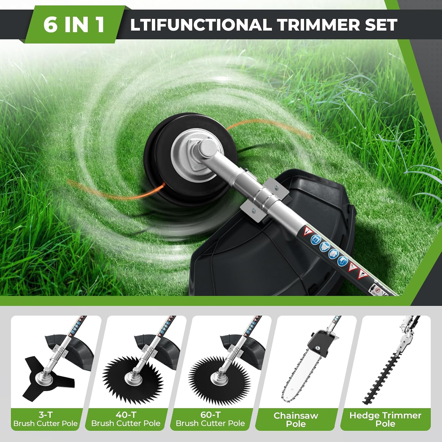 Detalle de Baococo 52CC Gas-Powered 6-in-1 String Trimmer with Pole Saw and Hedge Trimmer